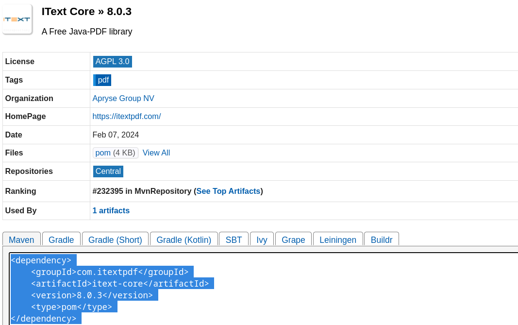 Maven iText library pom.xml definition